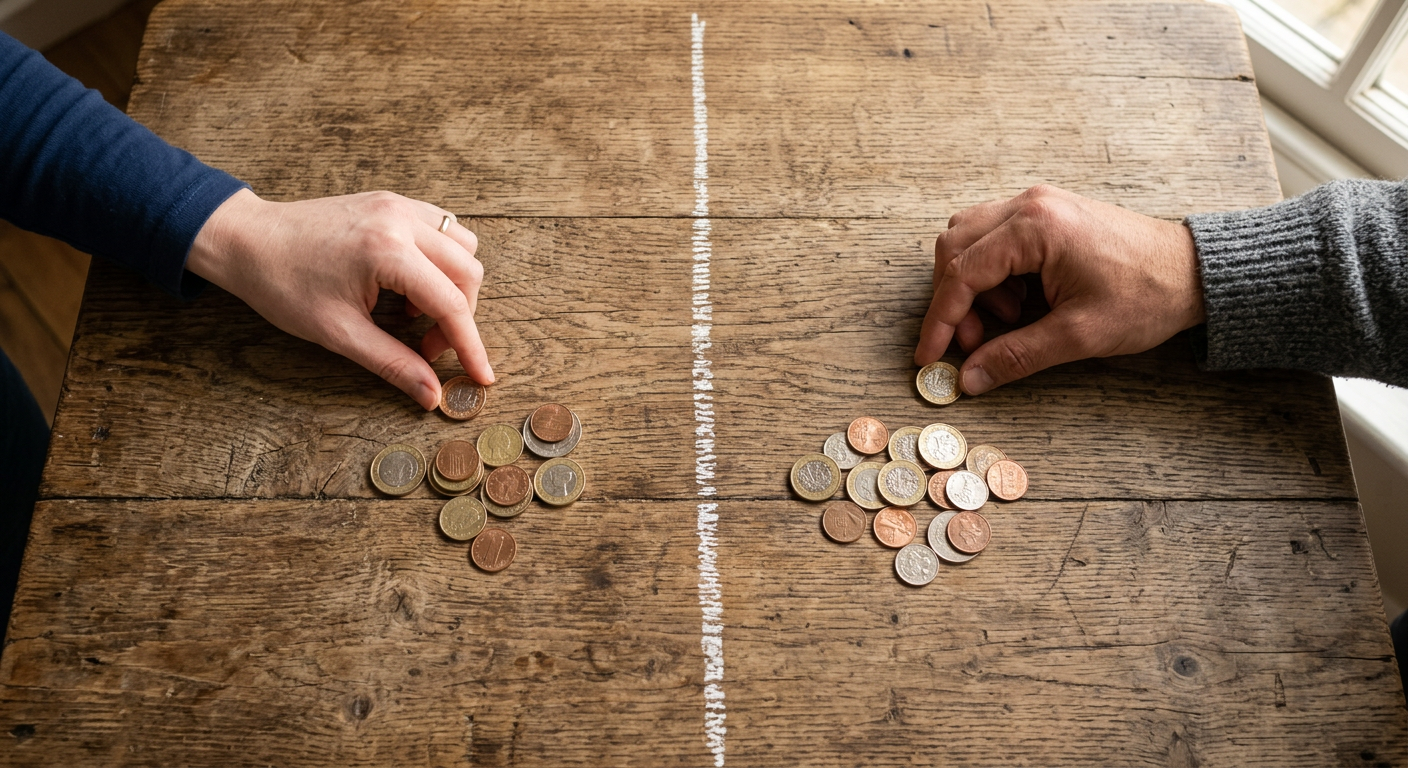 Person weighing decision between two outcomes using coins on a table