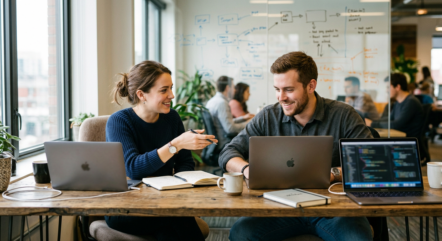 Two entrepreneurs collaborating on a fintech startup concept