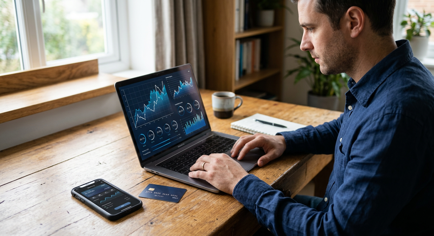 Person reviewing financial event contracts on a laptop connected to a bank account