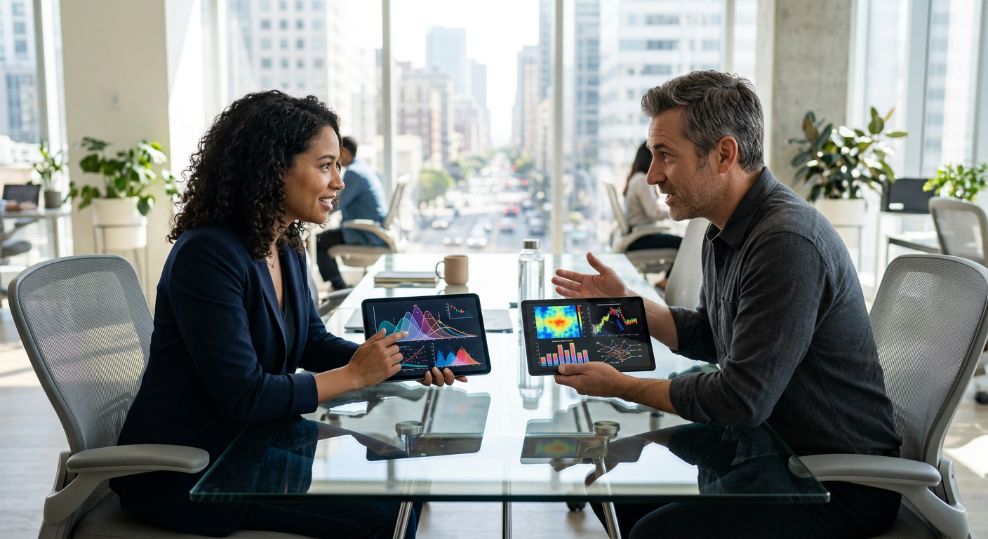 Two people comparing data charts on tablets representing platform comparison decision-making