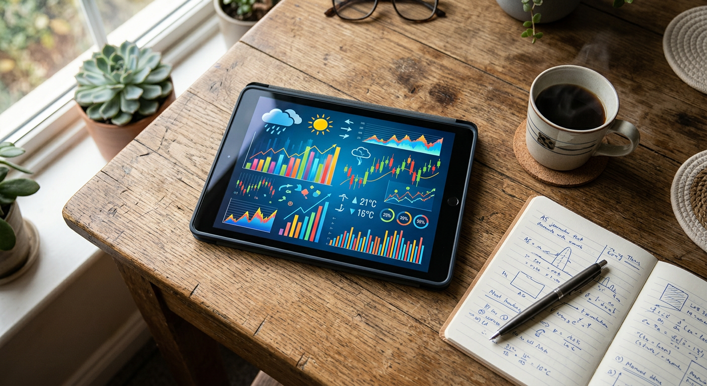 Person analyzing financial and weather data trends on a tablet at a desk