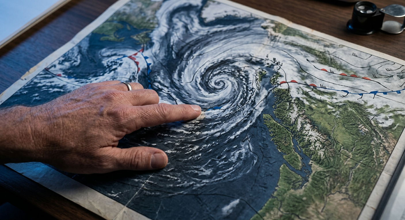 Meteorologist-style visualization of hurricane path over a coastal map