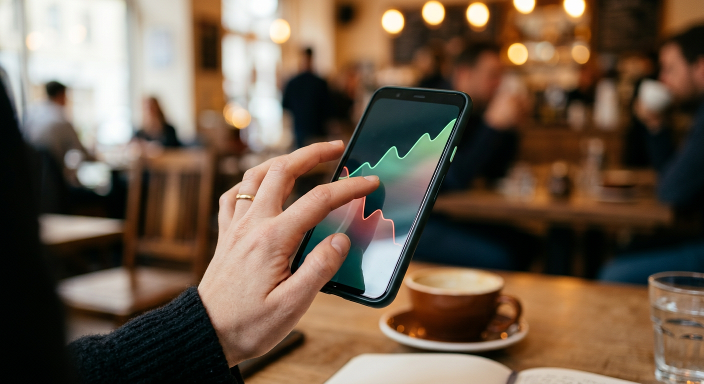 Close-up of hands using a smartphone app with abstract rising and falling market lines