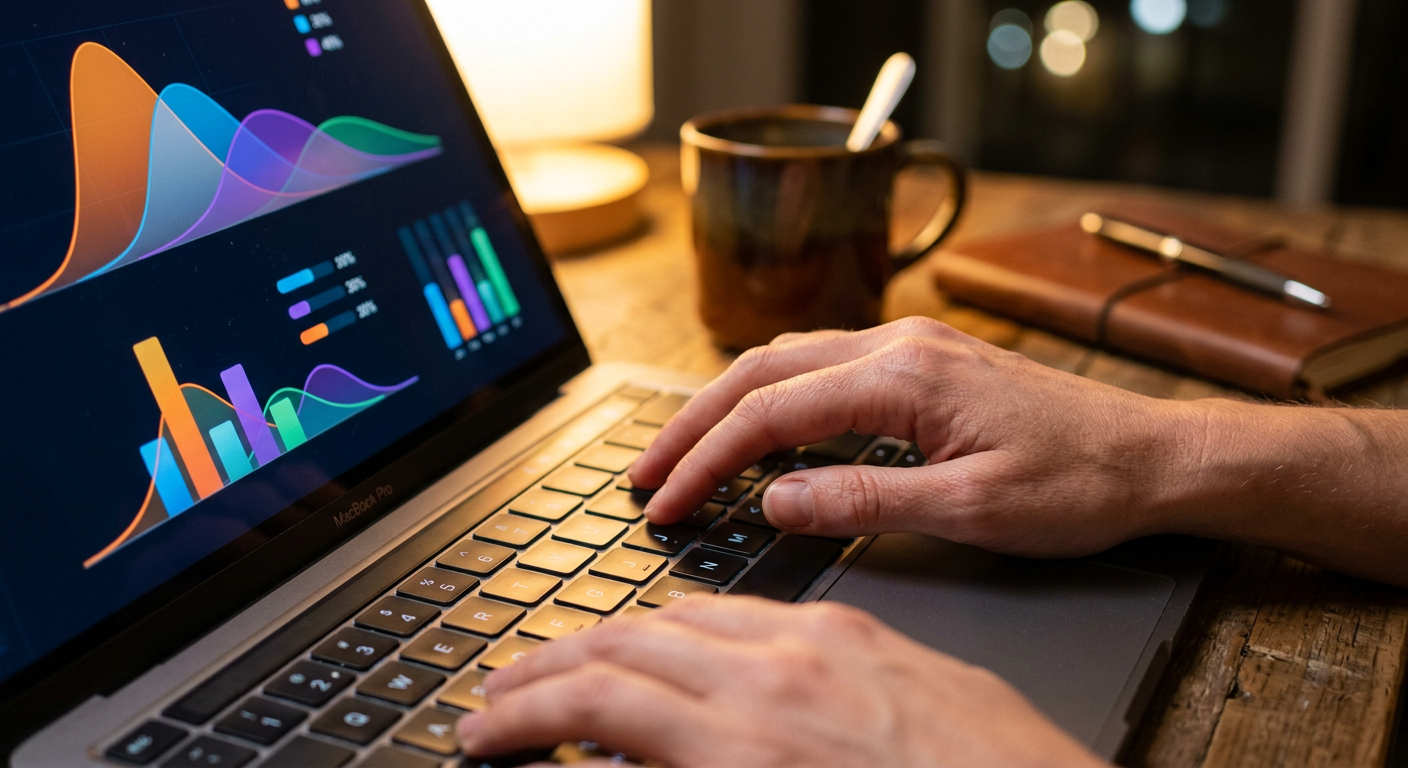 Close-up of hands trading on a laptop with rising and falling probability graph lines on screen