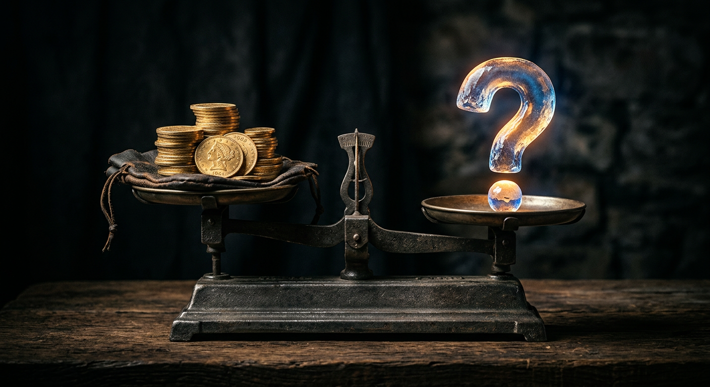 Digital scale balancing coins and question marks representing uncertainty and betting odds