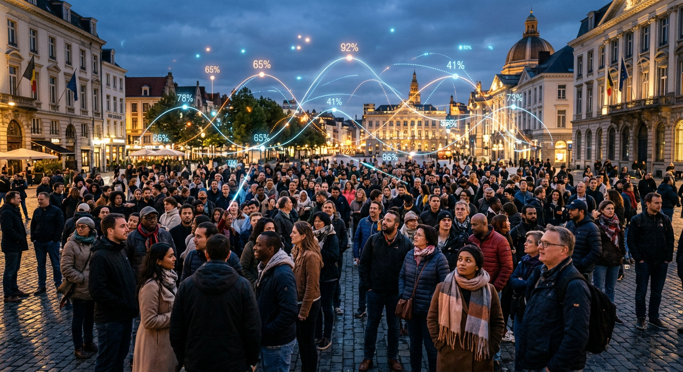 Crowd of diverse people voting with digital overlay symbolizing collective prediction and forecasting