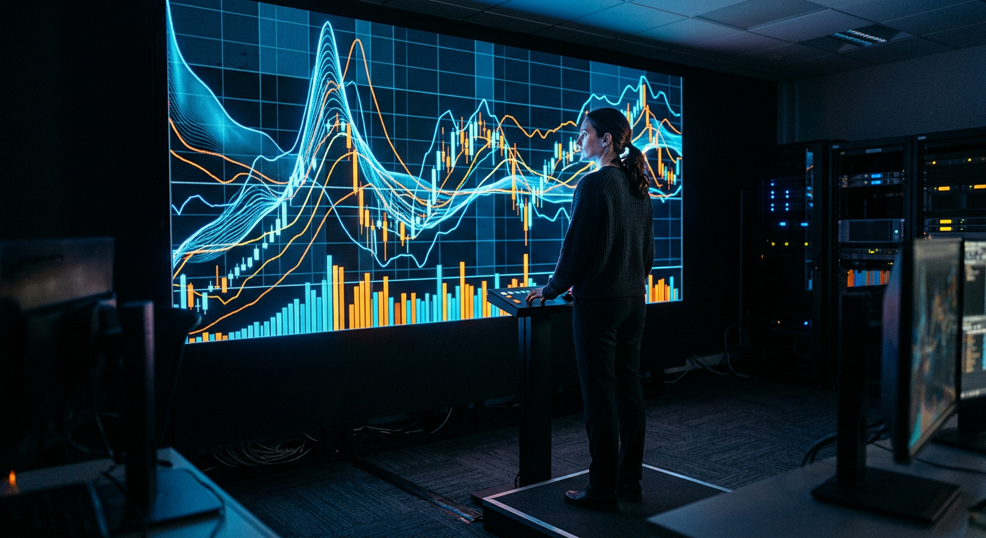 Businessperson watching a large digital display of rising and falling event probability curves