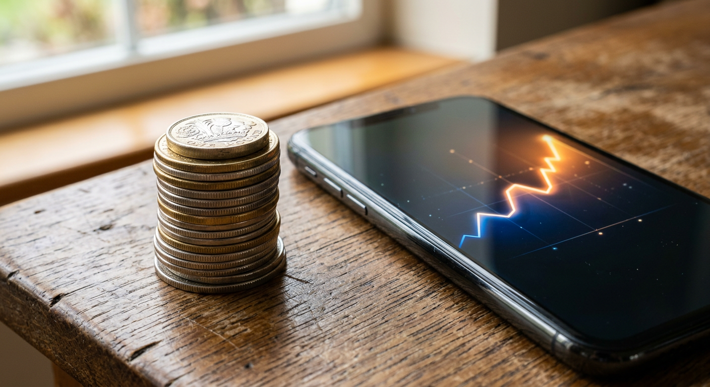 Stack of coins beside a smartphone showing an abstract rising probability chart