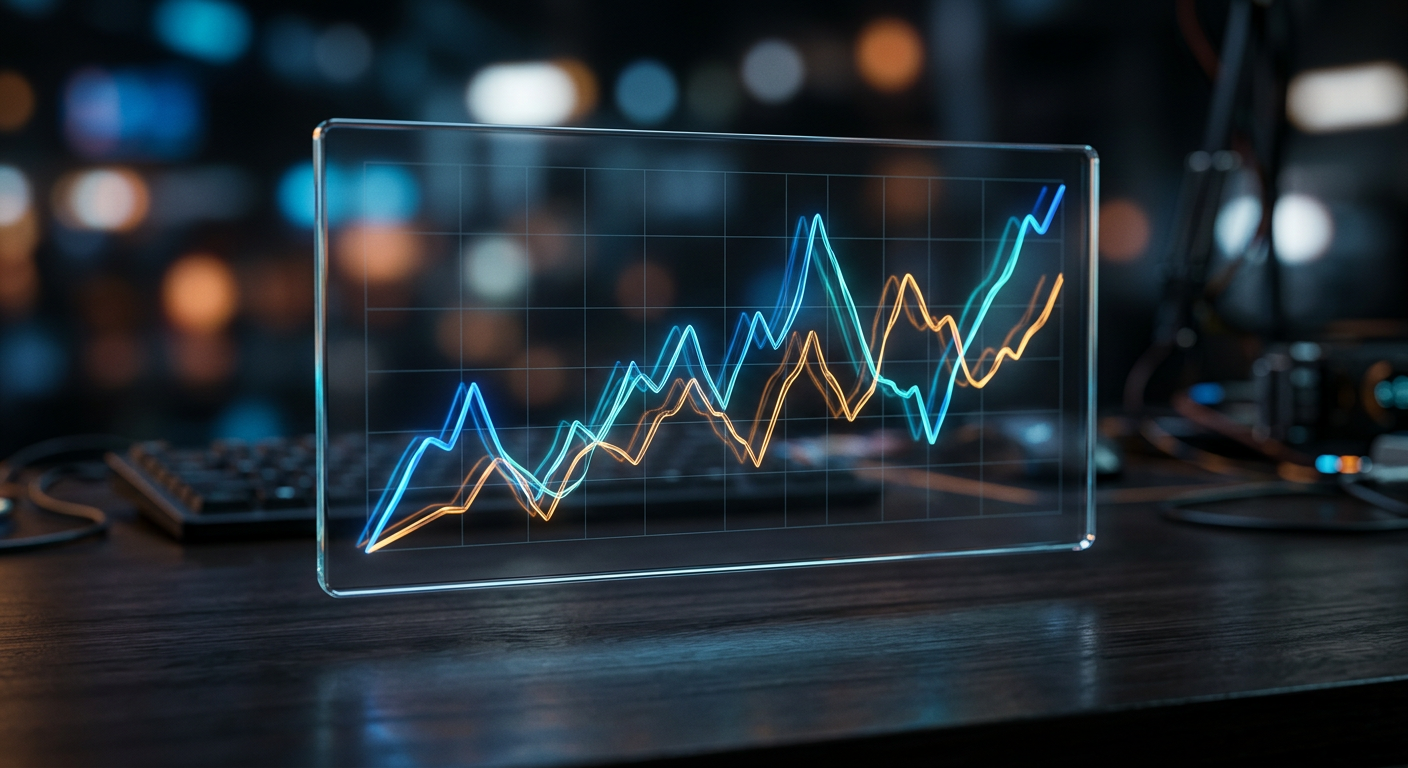 Stock-like probability graph rising and falling on a translucent digital display