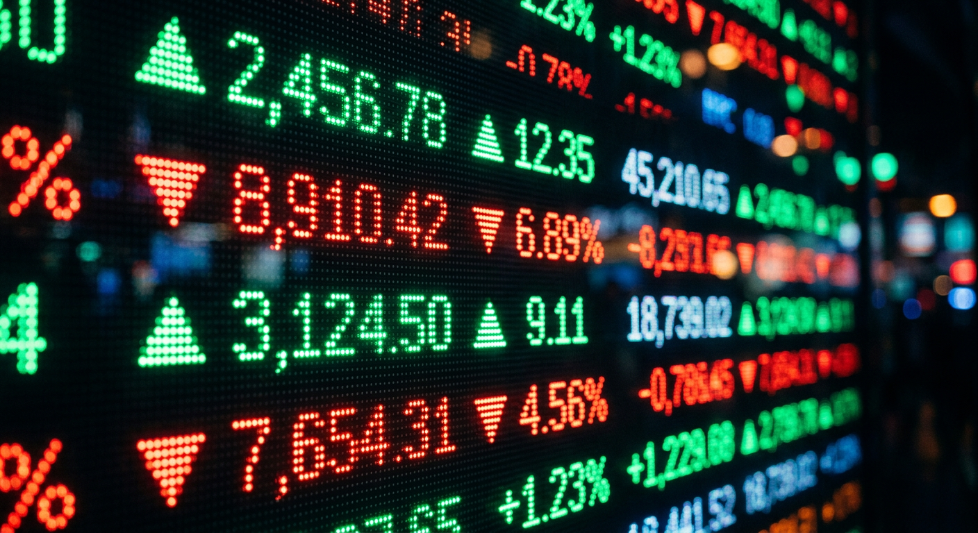 Close-up of stock exchange style ticker board with numbers and percentages
