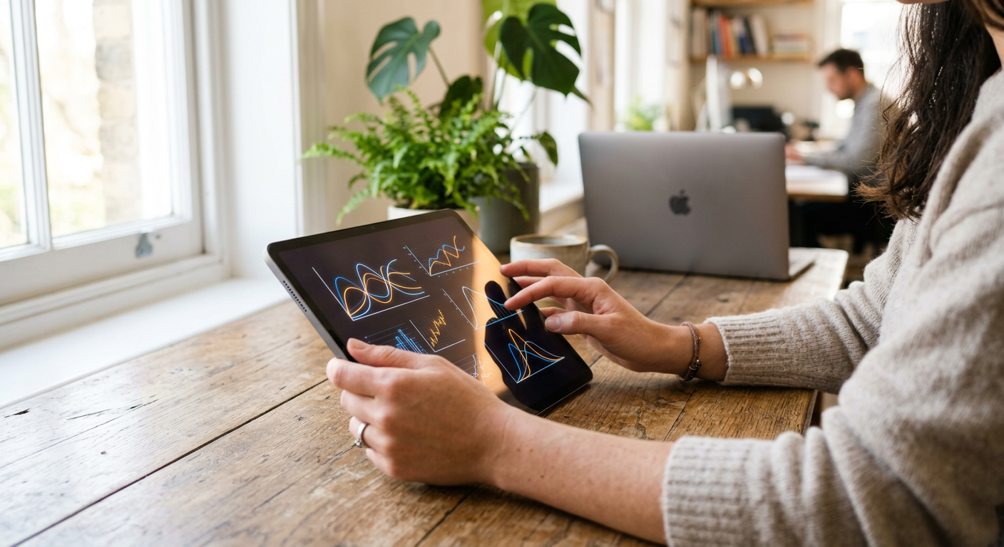 Person reviewing financial data on a tablet in a modern office
