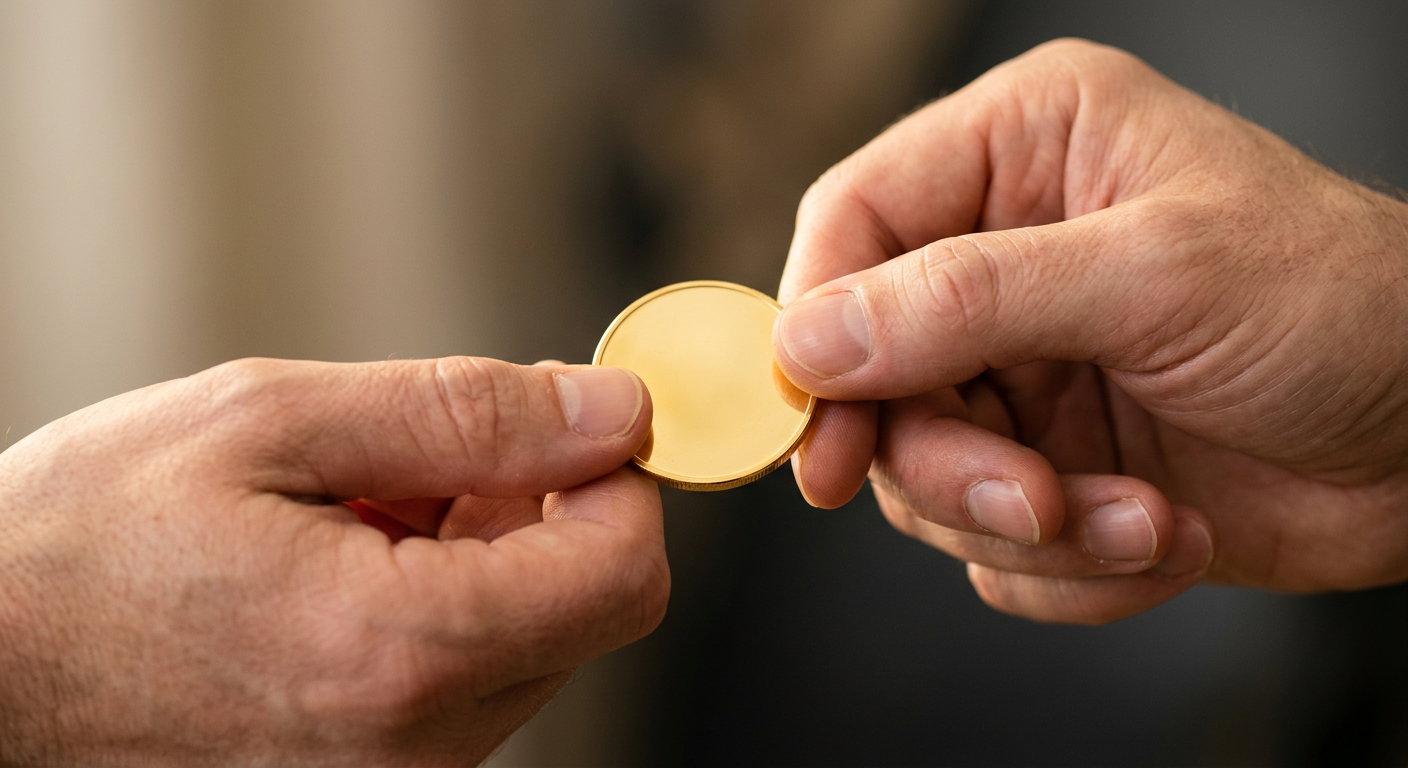 Close-up of hands exchanging coins symbolizing contract settlement value