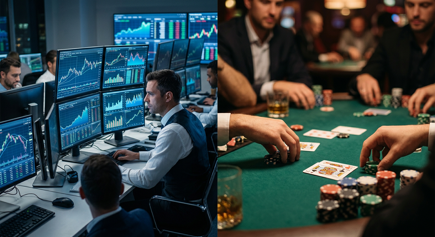 Split visual concept showing a stock exchange trading floor beside a casino gaming table symbolizing the debate between trading and gambling