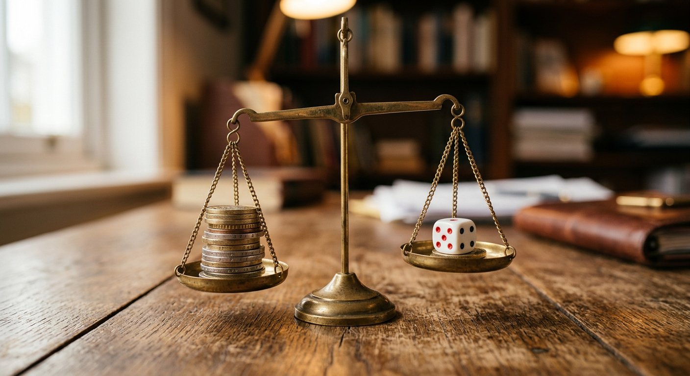 Person weighing decisions with scales icon concept using coins and dice on a table to represent risk and probability