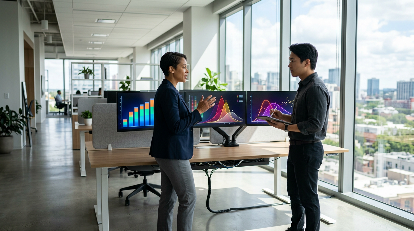 Two people discussing trading data on multiple monitors