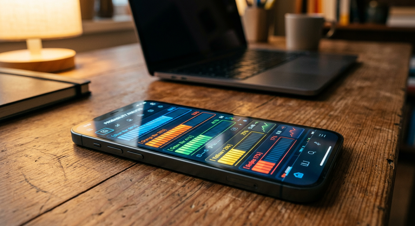 Smartphone showing abstract trading interface on a wooden table