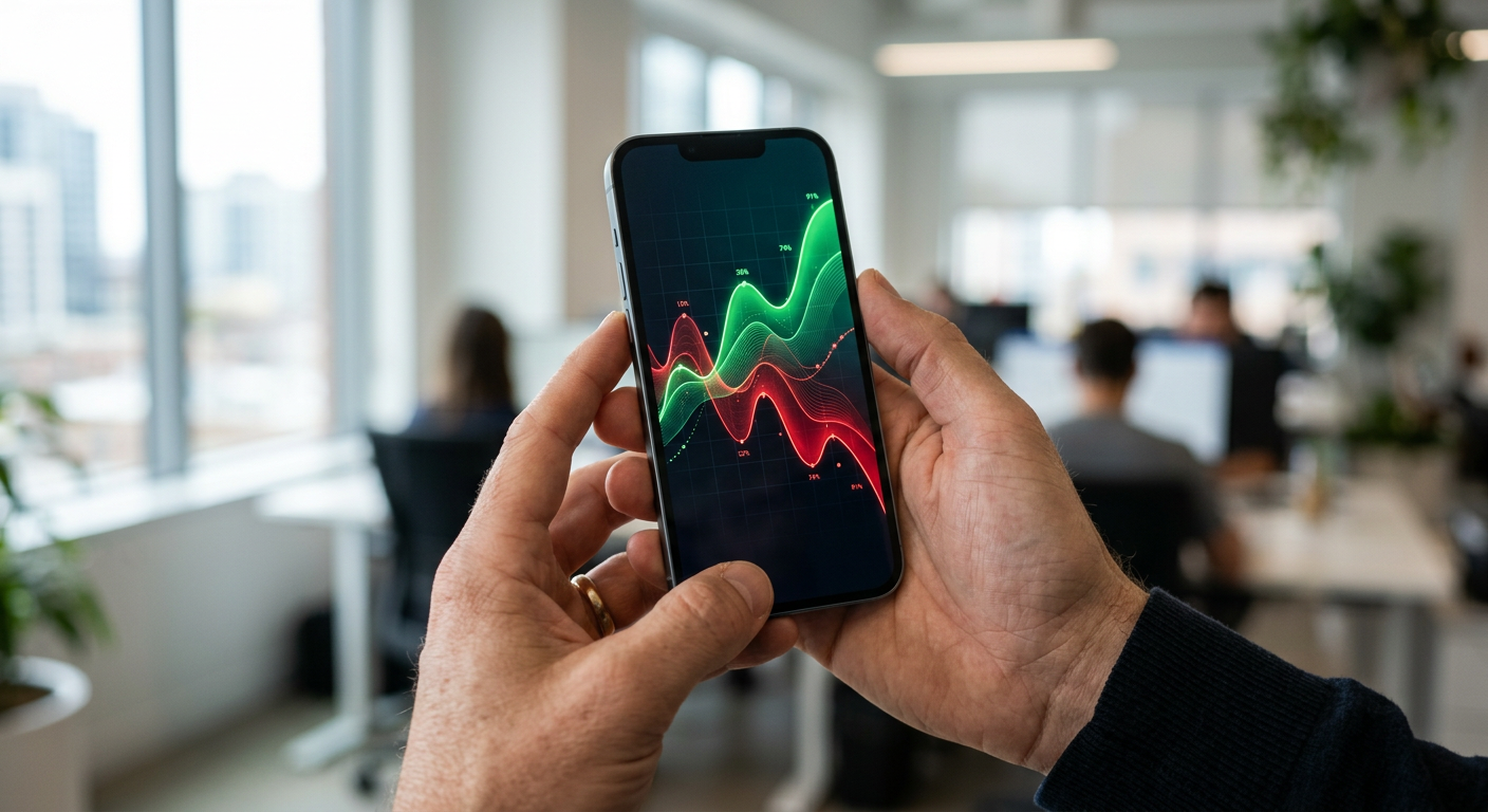 Close-up of hands trading on a digital device showing a probability chart interface