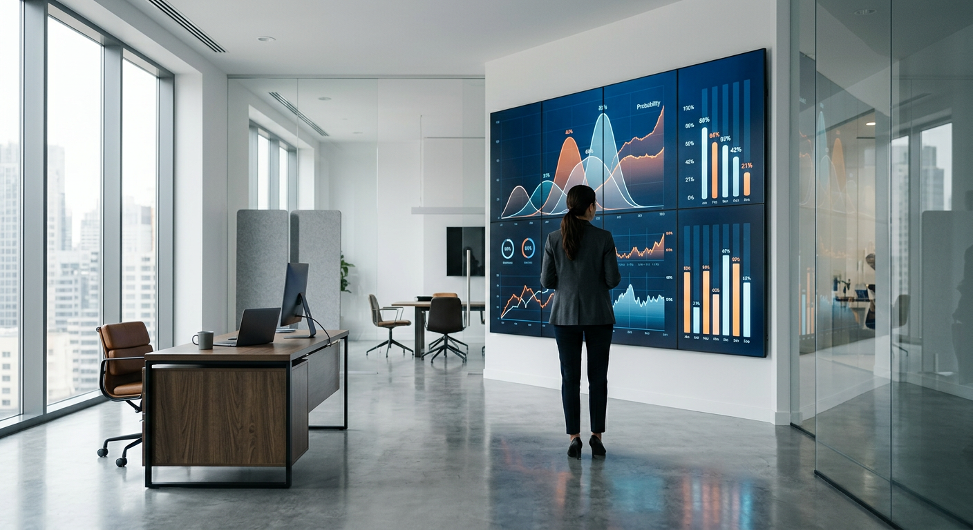 Traders analyzing real-time probability data on multiple screens in a modern office