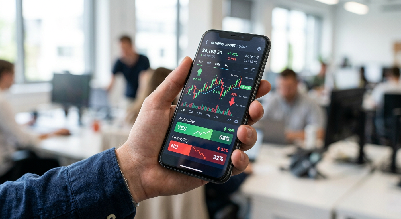 Close-up of a trading app interface showing probability percentages and price movement