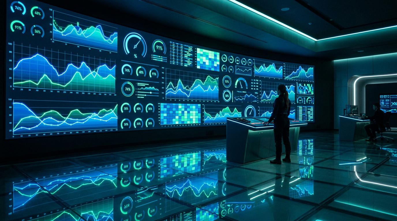 Stock exchange style digital board with rising and falling probability graphs