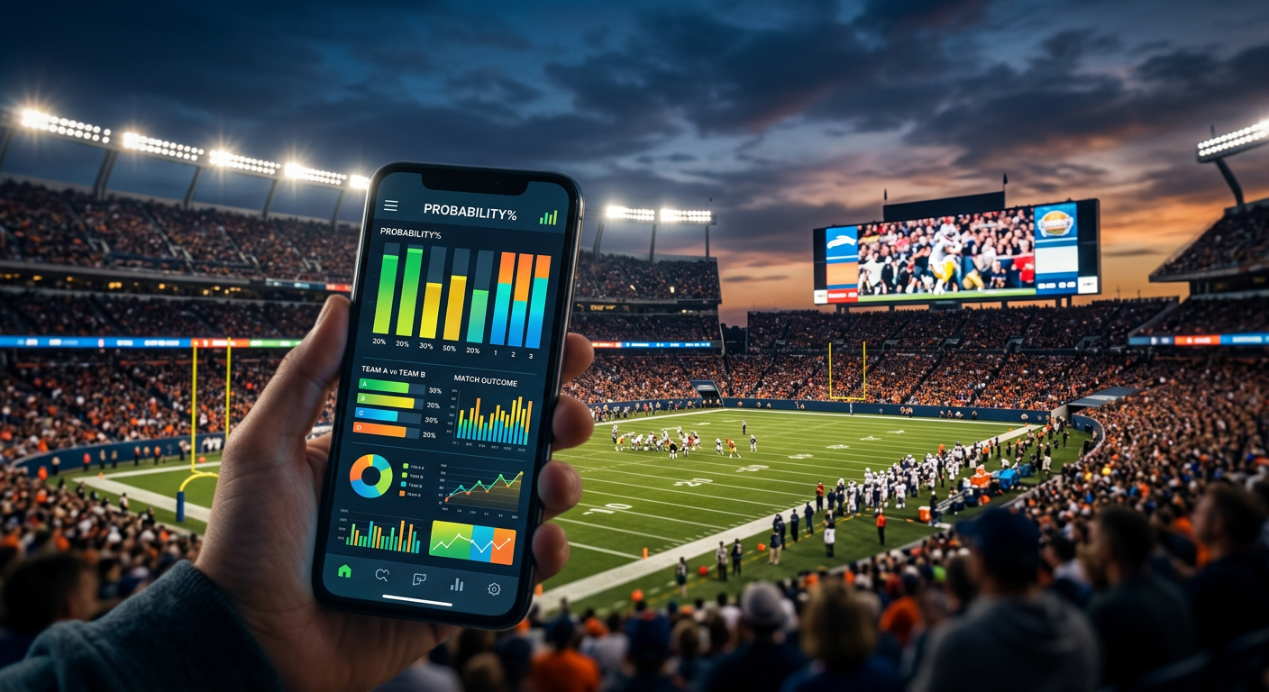Sports stadium scoreboard overlaid conceptually with financial probability data
