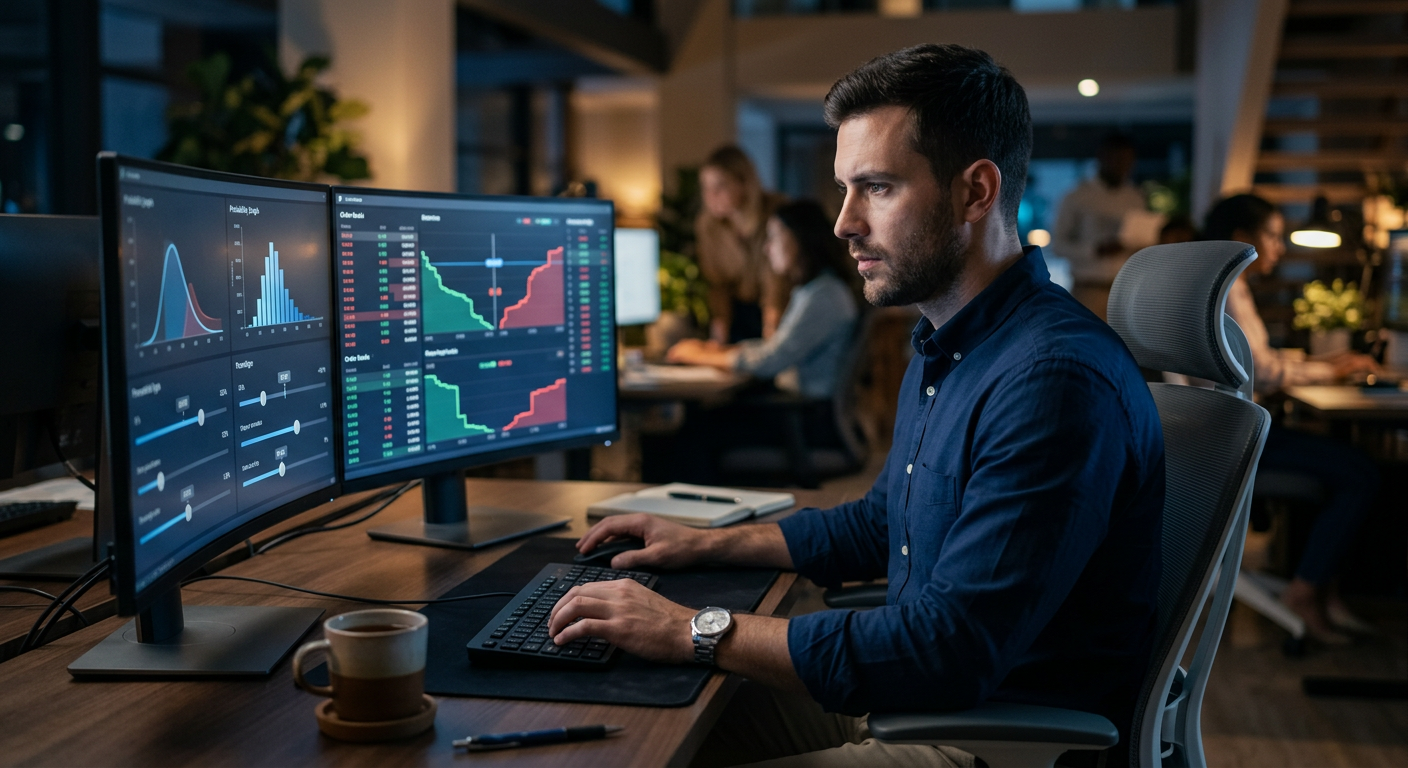 Trader analyzing probability contracts on multiple screens