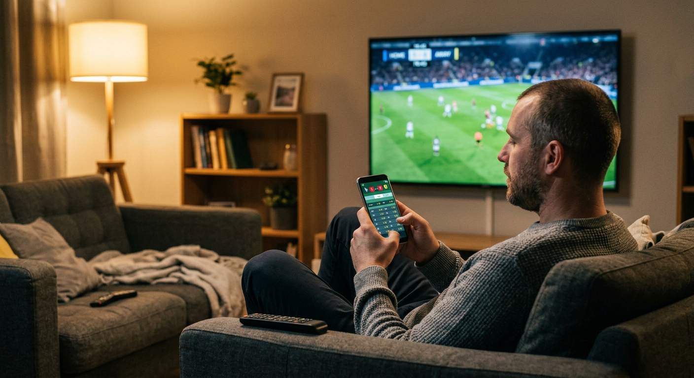 Sports fan placing a wager on a mobile phone during a live game