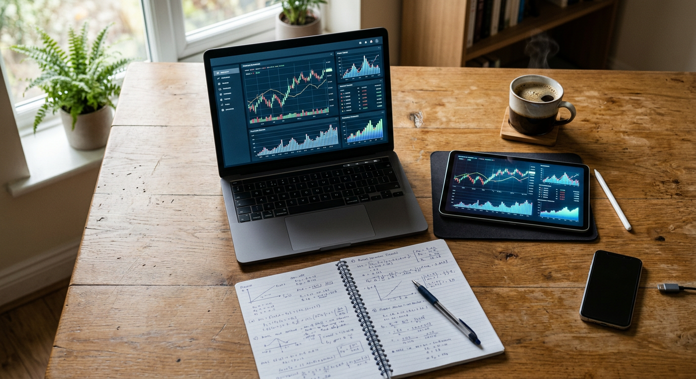 Trader analyzing multiple event outcome charts on a laptop and tablet at a desk