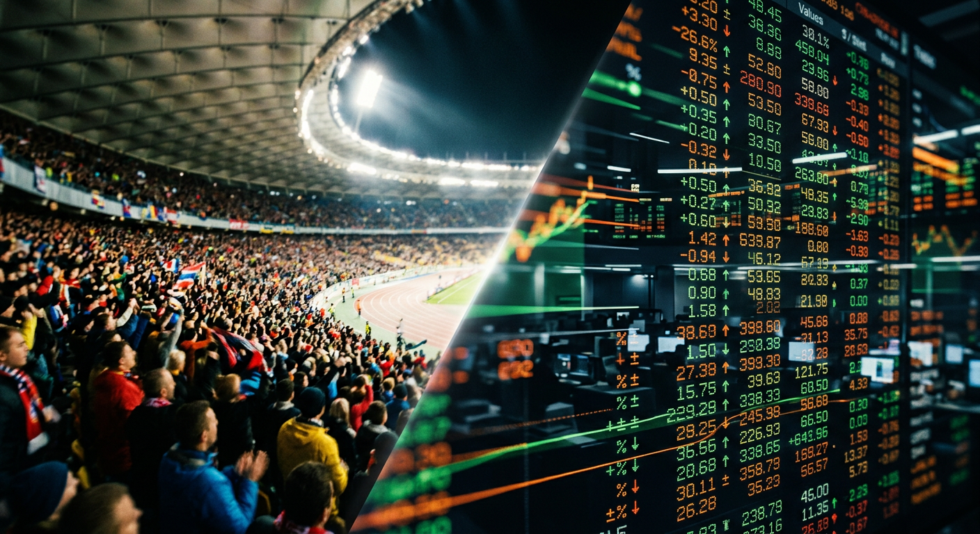 Split screen concept of a sports stadium and a stock market ticker representing event contracts versus sports betting