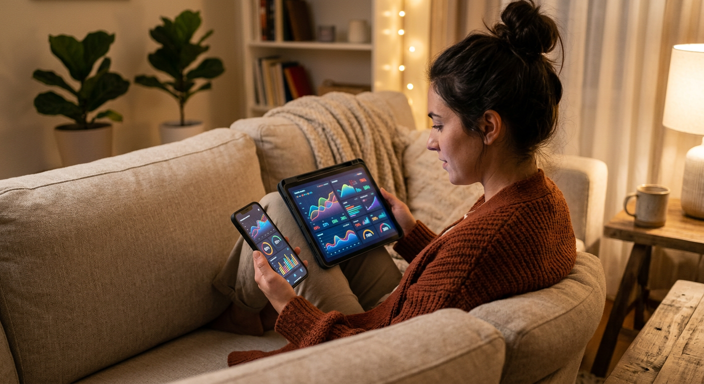 Person comparing probability data on phone and tablet screens representing different prediction market platforms