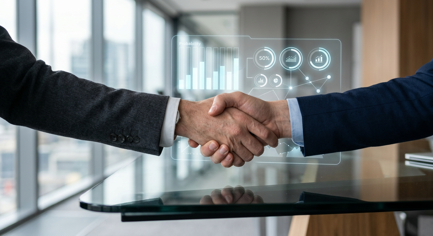 Two hands exchanging a contract representing a yes or no market position