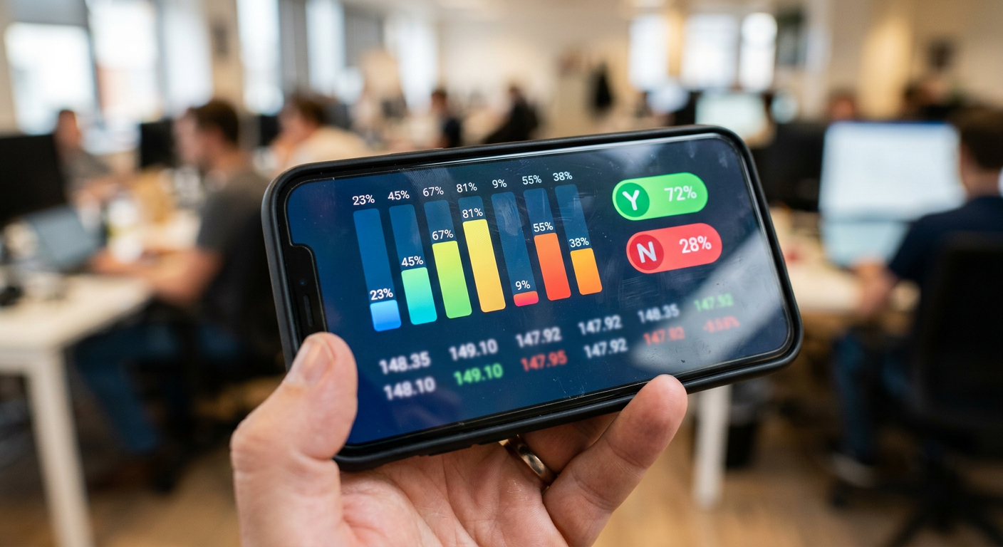 Close-up of a mobile phone screen showing probability percentages and market price movements