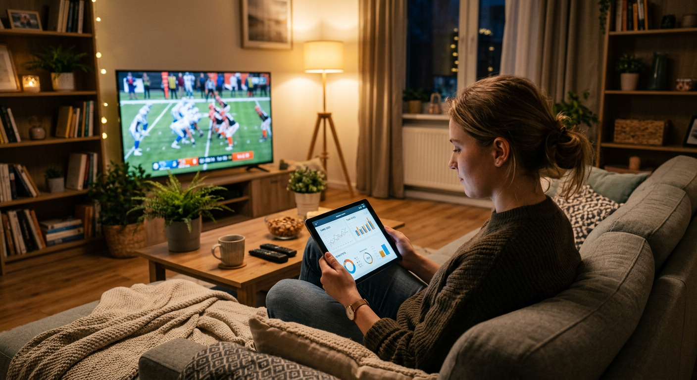 Sports fan watching a football game on TV while checking a betting app on a tablet