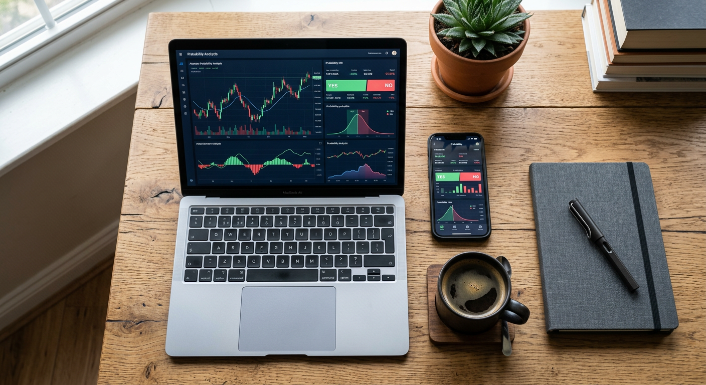 Person comparing trading charts and sports data side by side on a laptop and phone
