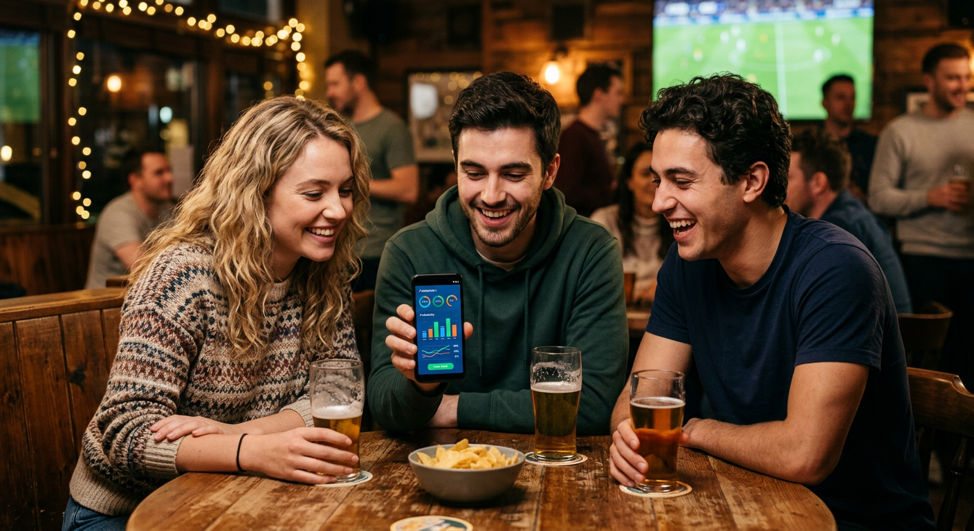 Group of friends discussing sports outcomes while looking at a mobile app together