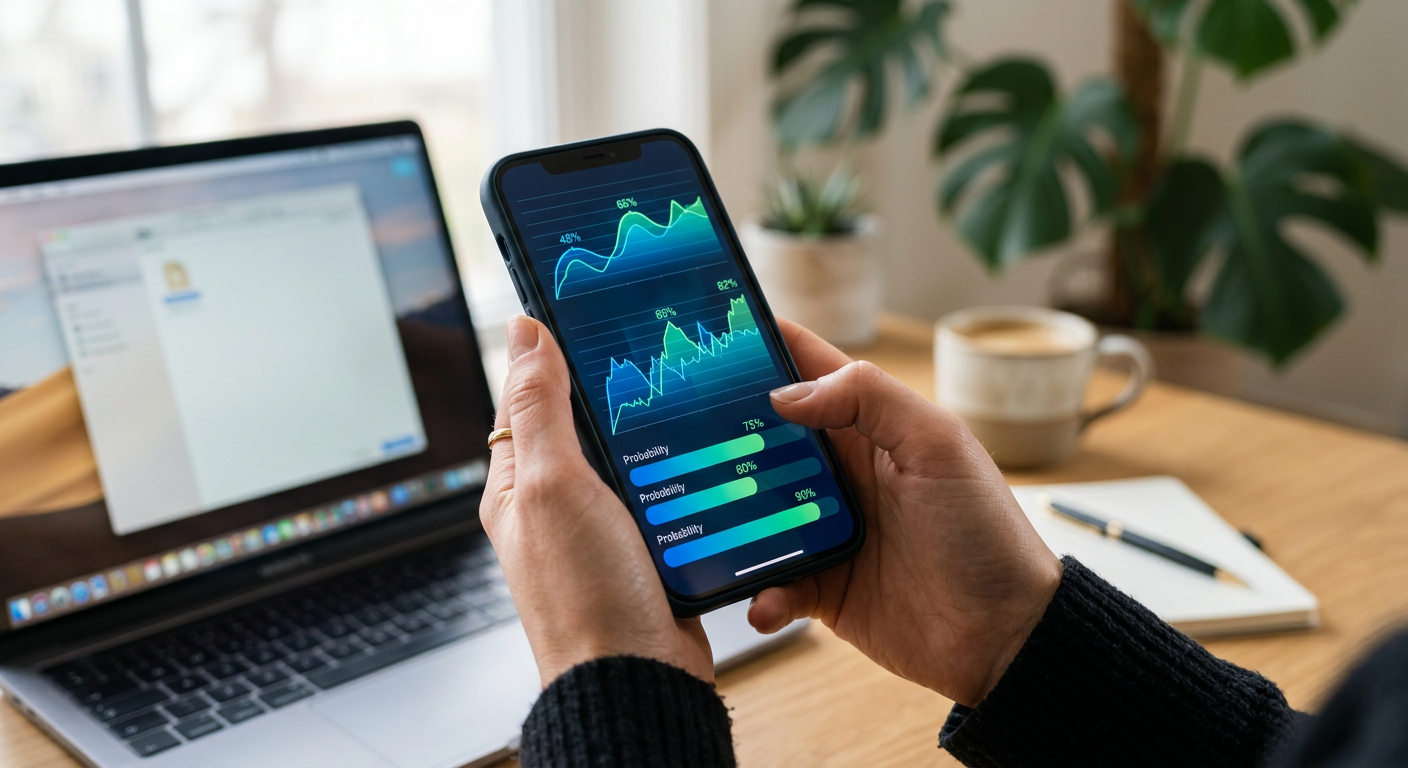 Close-up of hands holding a phone with financial charts and probability graphs