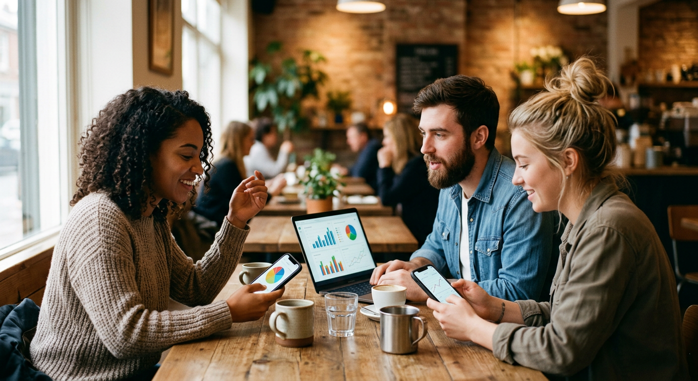 Group of friends discussing sports and finance on laptops and phones