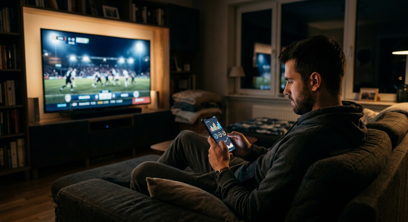 Person watching a live sports game on TV while checking betting-style app on phone