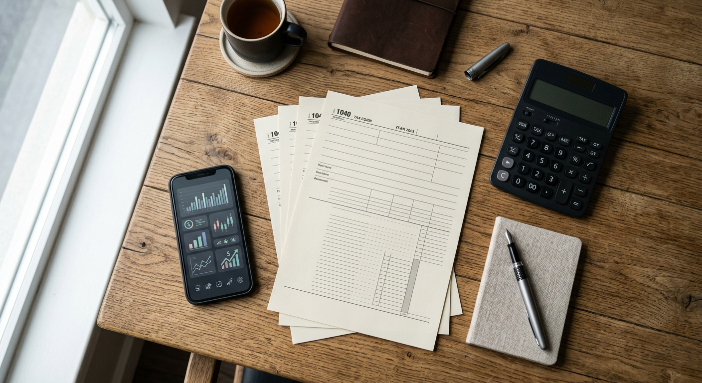 Close-up of a calculator, tax documents, and phone showing financial graphs on a desk