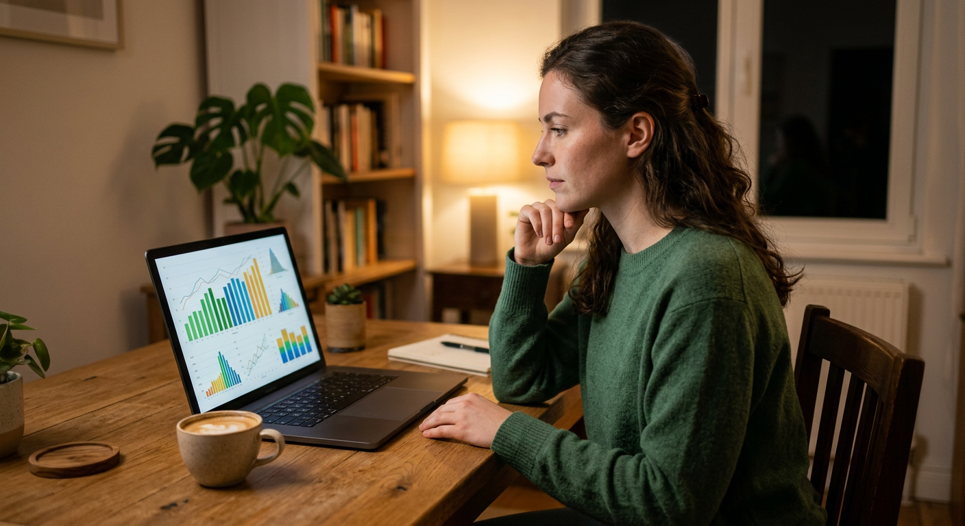 Person analyzing event outcome probabilities on a laptop at home