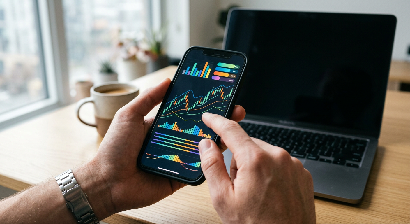 Close-up of hands using a smartphone trading app interface