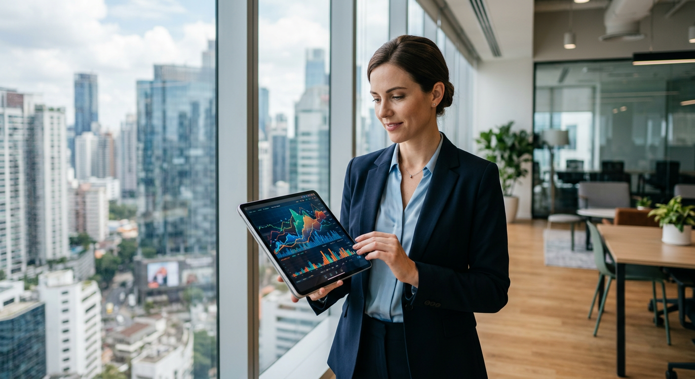 Business person reviewing financial charts on a tablet in an office setting