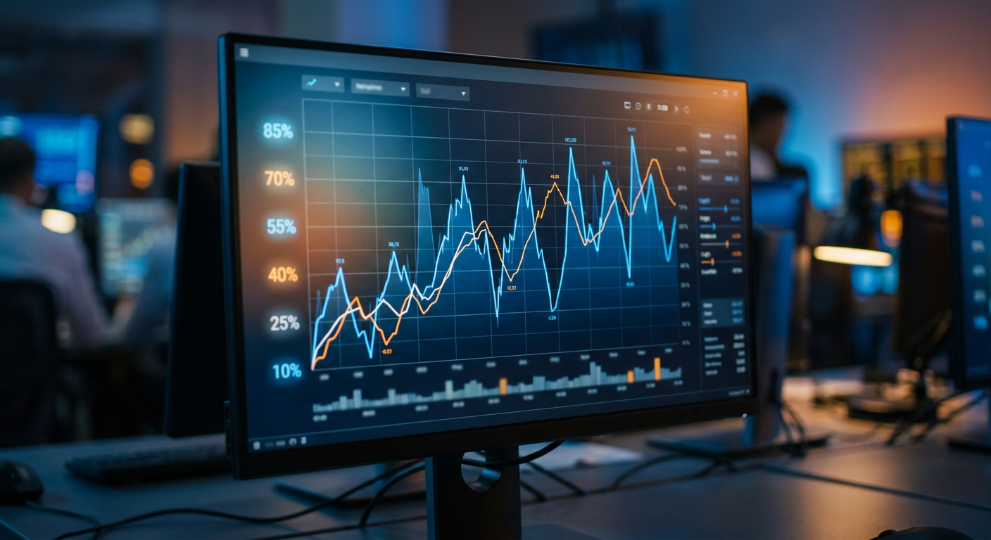 Close-up of stock market probability price chart fluctuating on screen