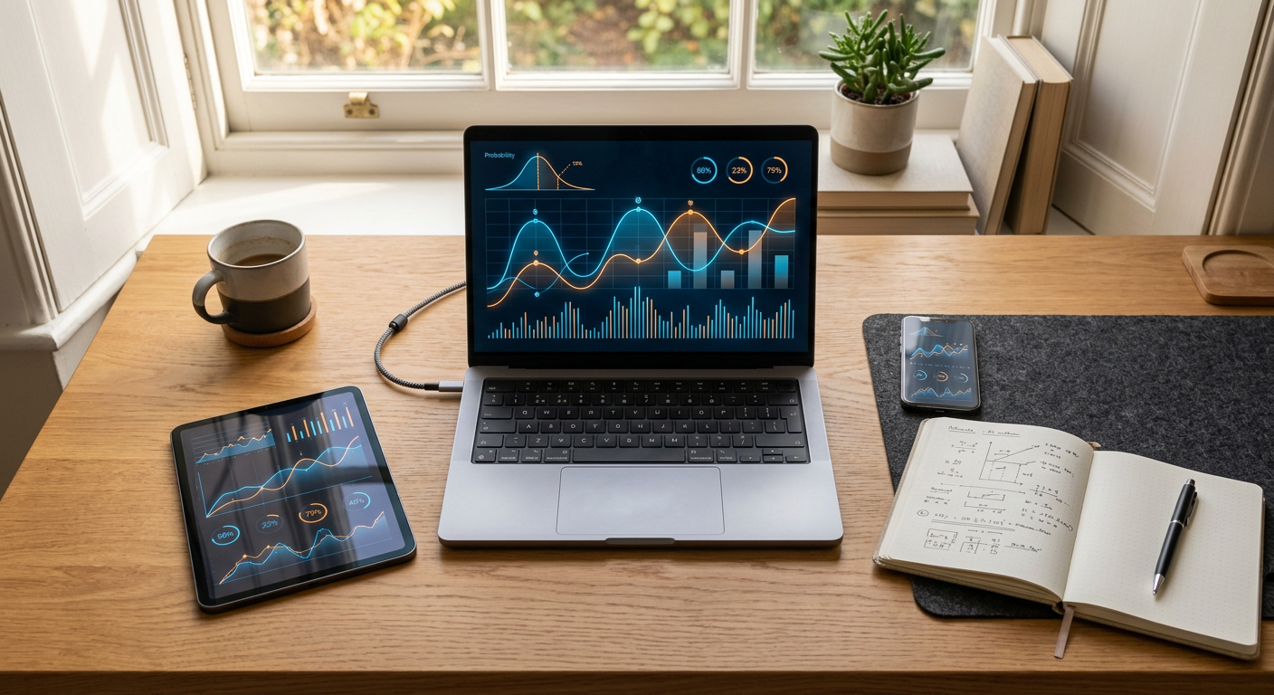 Person reviewing financial data and news on multiple devices at a desk