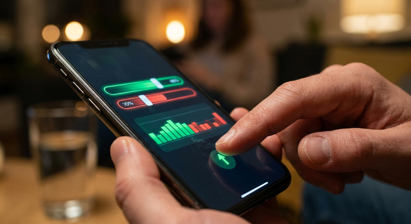 Close-up of hand tapping buy button on trading app interface