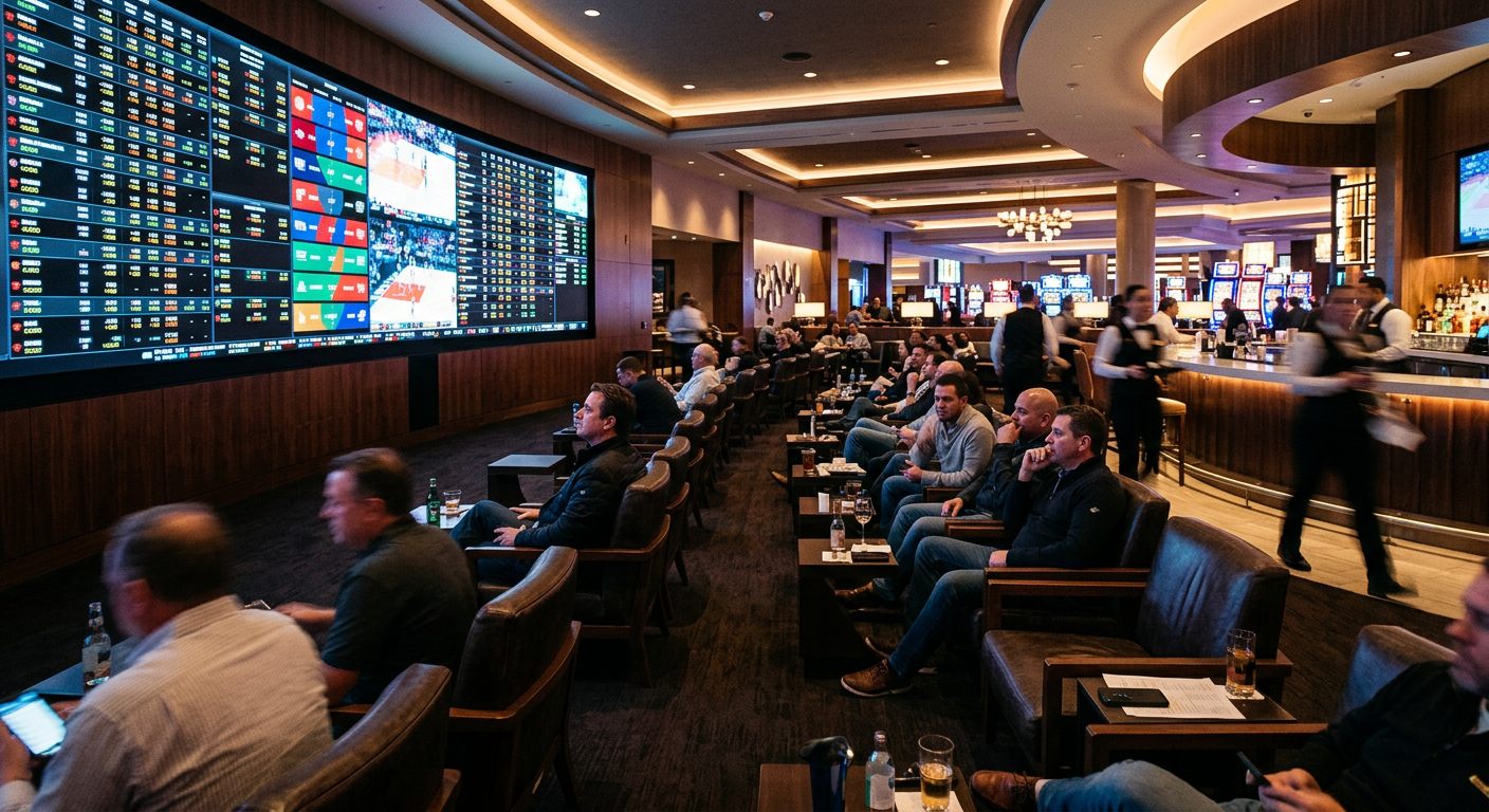 Sportsbook betting kiosk with digital odds display in a casino setting