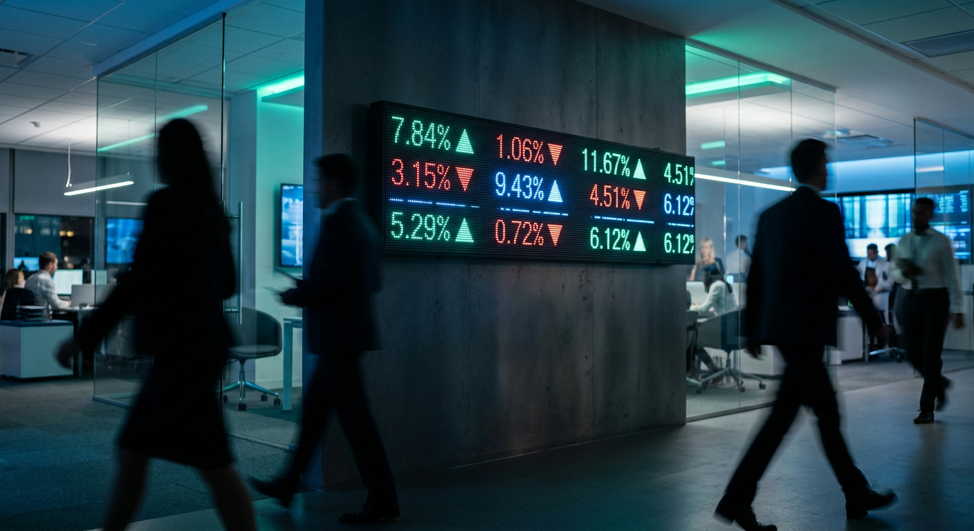 Stock exchange style ticker board representing market-driven pricing of event contracts