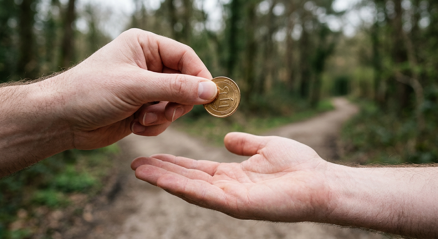 Person weighing a coin in hand deciding between two paths symbolizing choice between markets and gambling