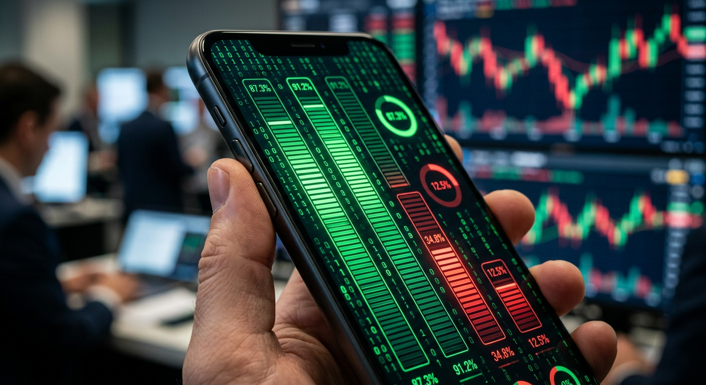 Close-up of a mobile trading app screen showing binary yes no probability bars