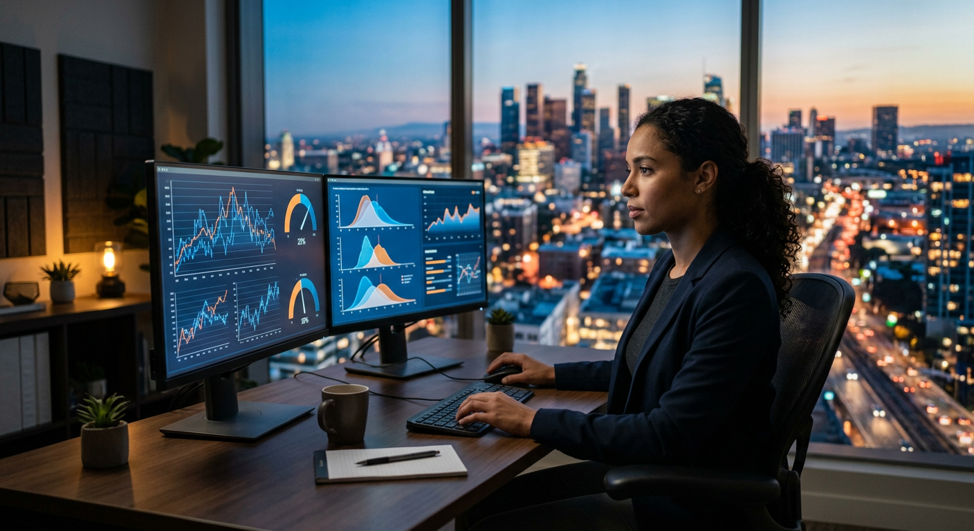 Person reviewing financial data charts on multiple monitors representing market probabilities